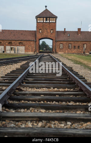 Train tracks lead into the entrance of concentration camp Auschwitz II-Birkenau, Oswiecim Stock Photo