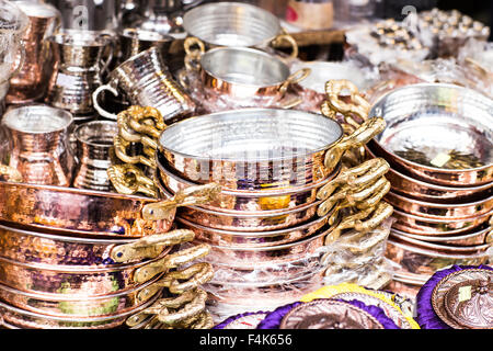 copper utensils  in the bazaar , Istanbul Stock Photo