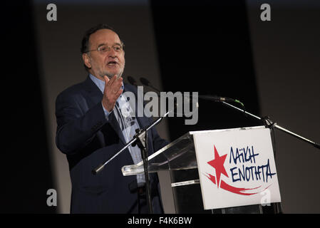 Oct. 19, 2015 - PANAGIOTIS LAFAZANIS, leader of Popular Unity addresses party's supporters. Popular Unity, a leftist party formed by SYRIZA dissidents staged it's first public gathering. © Nikolas Georgiou/ZUMA Wire/Alamy Live News Stock Photo