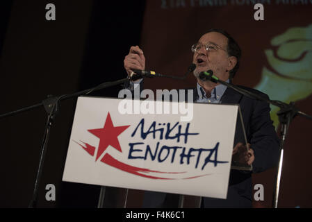 Oct. 19, 2015 - PANAGIOTIS LAFAZANIS, leader of Popular Unity addresses party's supporters. Popular Unity, a leftist party formed by SYRIZA dissidents staged it's first public gathering. © Nikolas Georgiou/ZUMA Wire/Alamy Live News Stock Photo