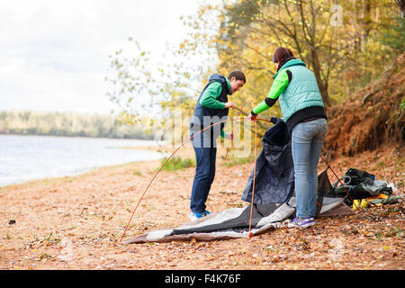 man and woman camping Stock Photo