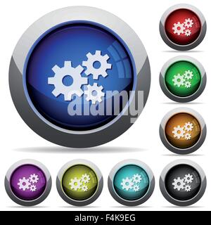 Set of round glossy settings buttons. Arranged layer structure. Stock Vector