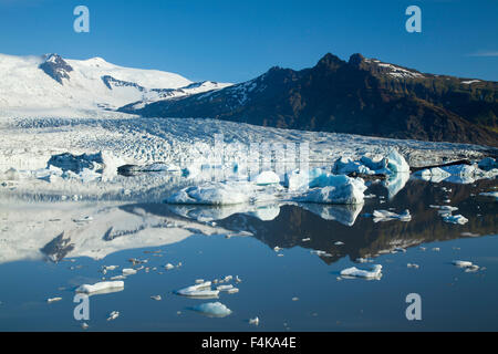 Reflection of Fjallsjokull glacier in Fjallsarlon iceberg lagoon, Vatnajokull National Park, Sudhurland, Iceland. Stock Photo