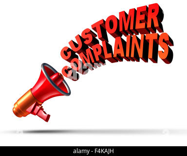 Customer complaints business symbol as a megaphone or bullhorn announcing and communicating a complaint opinion of dissatisfaction for bad client services or poor quality service as text on a white background. Stock Photo