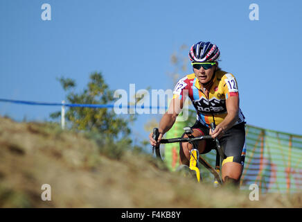 Boulder, Colorado, USA. 17th Oct, 2015. Elite cyclist, Meredith Miller, in action during the U.S. Open of Cyclocross, Valmont Bike Park, Boulder, Colorado. © csm/Alamy Live News Stock Photo