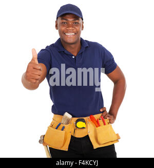 happy black handyman giving thumb up on white background Stock Photo