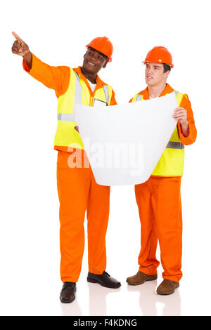co-workers discussing blueprint isolated on white background Stock Photo