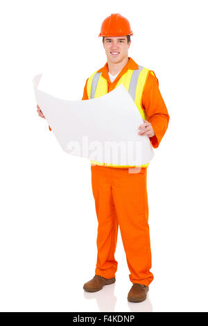 portrait of happy young constructor holding blue print Stock Photo