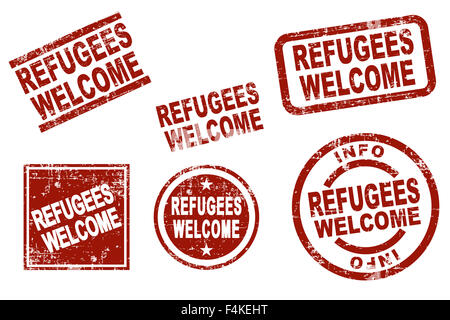Set of stylized red stamps showing the term refugees welcome. All on white background Stock Photo
