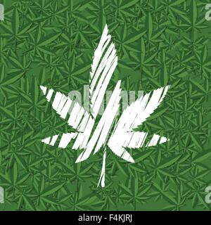 White grunge cannabis leaf on green pattern. Vector background Stock Vector