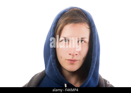 Headshot young hispanic male with blue hoodie on white background Stock Photo