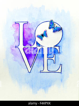 Word LOVE over abstract watercolor painting and two butterflies Stock Photo