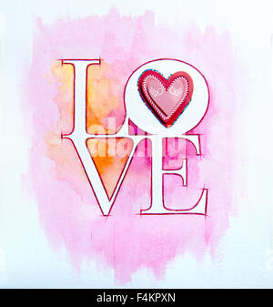 Word LOVE over abstract watercolor painting and red heart Stock Photo