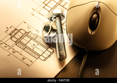 Drafting, mouse and screw bolt with nut Stock Photo