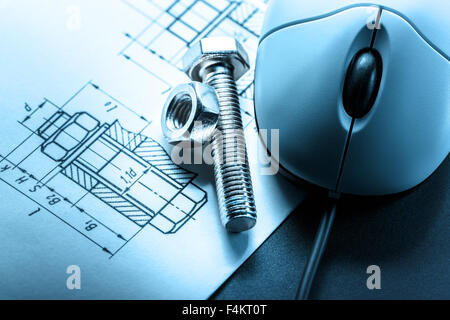 Drafting, mouse and screw bolt with nut Stock Photo
