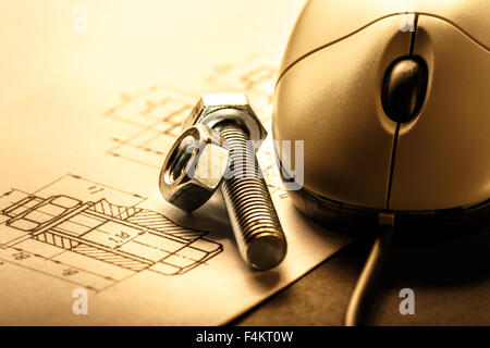 Drafting, mouse and screw bolt with nut Stock Photo