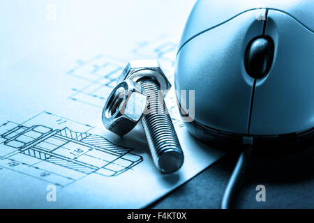 Drafting, mouse and screw bolt with nut Stock Photo