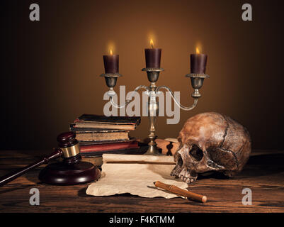 Still life art photography on human skull skeleton Stock Photo