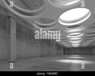 Empty concrete hall interior with big round illuminators in suspended ceiling, 3d illustration background Stock Photo