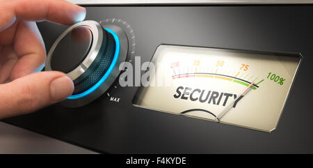Hand turning a knob up to the maximum, Concept image for illustration of security improvement. Stock Photo