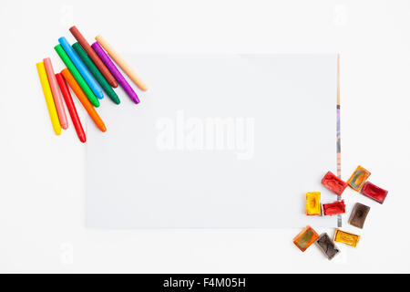 Colour pencils and watercolor  on paper blank isolated Stock Photo