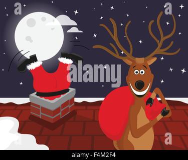 Funny reindeer with Santa on the roof Stock Vector