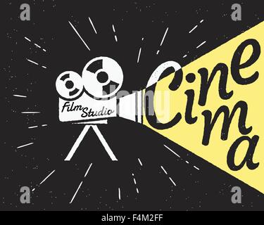 Cinema projector with yellow light hipster stylized poster Stock Vector