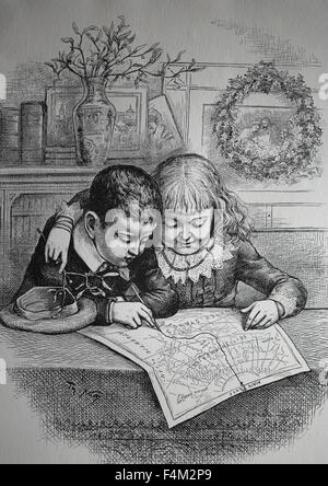 Christmas. Children tracing Santa Claus's route from the North Pole. Engraving 1885 by Thomas Nast.