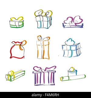 Gift Box Present Sketch Hand Draw Thin Line Colorul Icon Set Collection Stock Vector