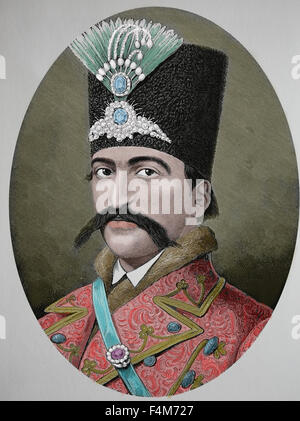 Naser al-Din Shah Qajar (1831-1896). King of Persia from 1848-1896. He was assassinated. Qajar Dynasty. Engraving. 19th century. Stock Photo