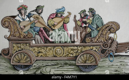 Europe. Italy. Carriage with musicians playing different musical instruments. Renaissance. Engraving. Later Colouration. Stock Photo