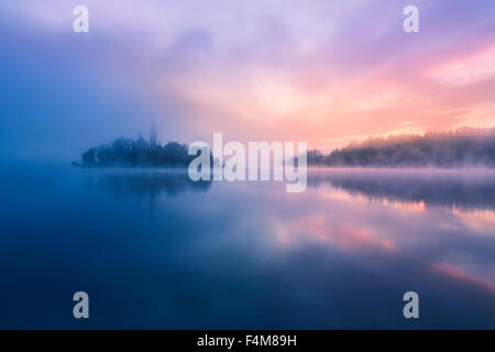 Misty morning in lake Bled-Slovenia Stock Photo