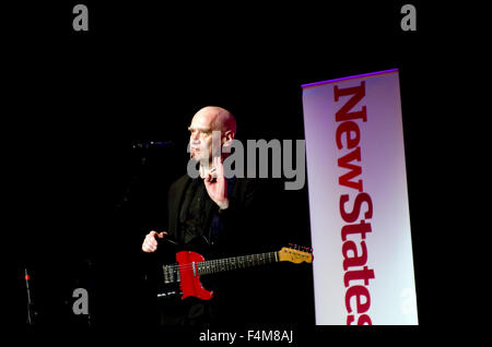 Wilko Johnson performing at the Stoke Newington Literary Festival in Stoke Newington, New Statesman banner behind him Stock Photo