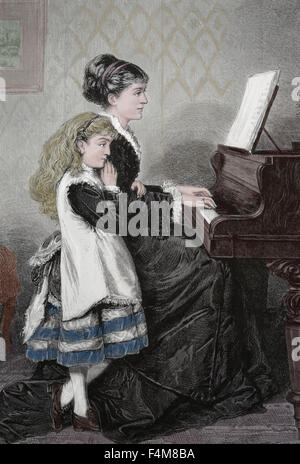 Piano music lesson. Mother and child playing the piano. Engraving. 19th century. Color. Stock Photo