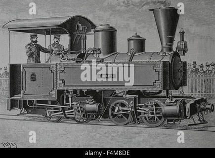 Steam locomotive. 19th century. Engraving. Stock Photo
