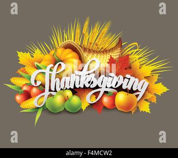 Illustration of a Thanksgiving cornucopia full of harvest fruits and vegetables. Stock Vector