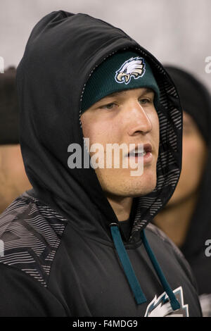 Philadelphia, Pennsylvania, USA. 19th Oct, 2015. Los Angeles Angels Mike Trout looks on during warm-ups prior to the NFL game between the New York Giants and the Philadelphia Eagles at Lincoln Financial Field in Philadelphia, Pennsylvania. The Philadelphia Eagles won 27-7. Christopher Szagola/CSM/Alamy Live News Stock Photo