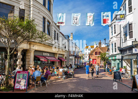 Cafes, bars, restaurants and shops on Market Street looking towards Dolphin Place,The Lanes, Brighton, East Sussex, England, UK Stock Photo