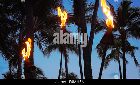 Tiki Torches Burning on Waikiki Beach at Night on the Hawaiian island of Oahu Stock Photo