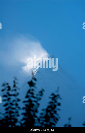 High winds whipping up spindrift on the Mont Blanc Massif Stock Photo