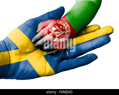 Flag of Sweden overlaid the hand of an adult man holding a baby hand with the flag of Afghanistan overprinted Stock Photo