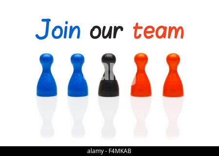 Business concept join our team with marker text. Three colors pawn figures isolated on white background. Stock Photo