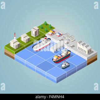 Isometric port cargo ship cargo seaport at sea with crane container ...