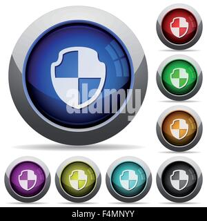 Set of round glossy shield buttons. Arranged layer structure. Stock Vector
