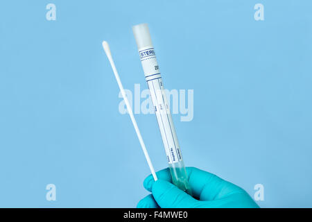 Lab technician holds culture swab and tube with blue background. Stock Photo