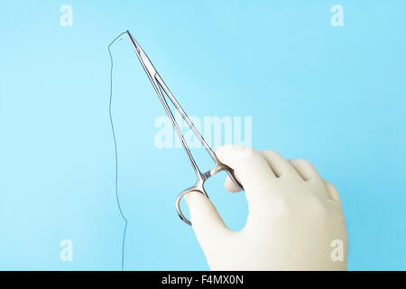 Surgeon holding surgical needle holder with silk suture on blue. Stock Photo