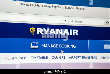 LONDON, UK - JUNE 21ST 2015: Looking on the RyanAir website with the cursor on the Manage Booking tab, on 21st June 2015. Stock Photo