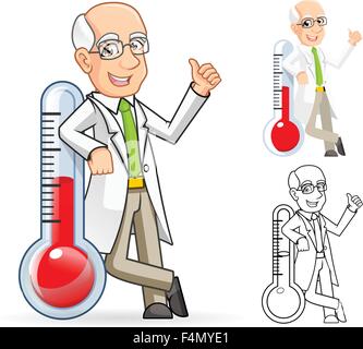 Scientist Cartoon Character Leaning Against a Temperature Stock Vector