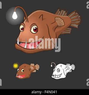 High Quality Anglerfish Cartoon Character Include Flat Design and Line Art Version Stock Vector