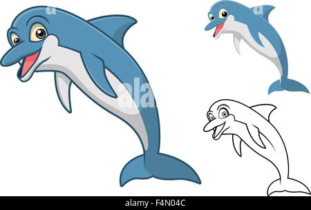 High Quality Dolphin Cartoon Character Include Flat Design and Line Art Version Stock Vector